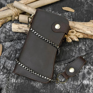 Men's genuine leather wallet chain Snap bifold purse crazy horse leather card case Phone card holder clutch tiger dragon wallet