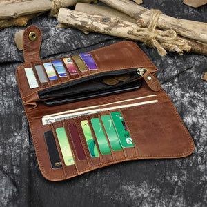 Men's genuine leather wallet chain Snap bifold purse crazy horse leather card case Phone card holder clutch tiger dragon wallet
