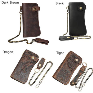 Men's genuine leather wallet chain Snap bifold purse crazy horse leather card case Phone card holder clutch tiger dragon wallet