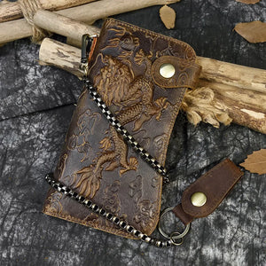 Men's genuine leather wallet chain Snap bifold purse crazy horse leather card case Phone card holder clutch tiger dragon wallet