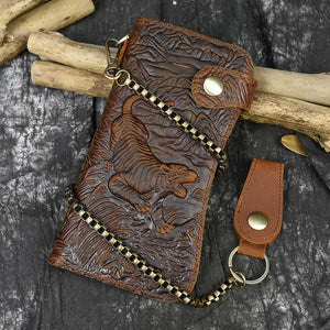 Men's genuine leather wallet chain Snap bifold purse crazy horse leather card case Phone card holder clutch tiger dragon wallet