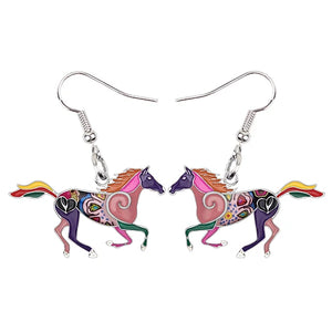 Bonsny Enamel Alloy Floral Running Horse Earrings Drop Dangle Big Hot Fashion Animal Jewelry For Women Girls Teen Gift Wholesale