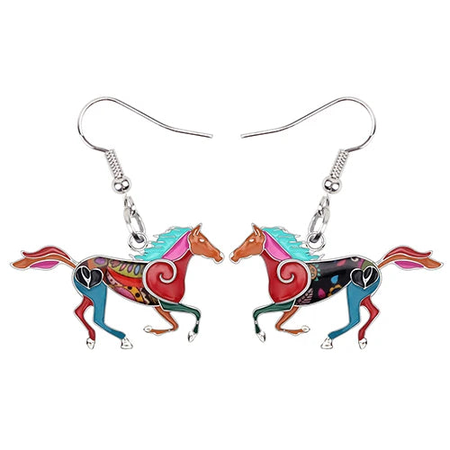 Bonsny Enamel Alloy Floral Running Horse Earrings Drop Dangle Big Hot Fashion Animal Jewelry For Women Girls Teen Gift Wholesale